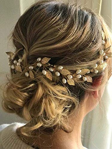 Handcess - Tocado de novia para el pelo con perlas y hojas doradas, accesorios de boda para el pelo para mujeres y niñas