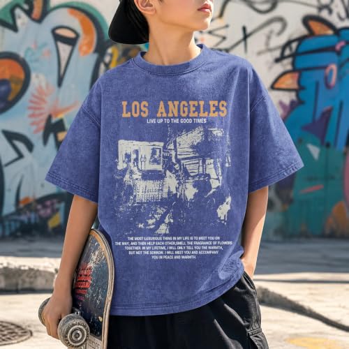 Image of Oversized Boys Graphic Tees Acid Wash Los Angeles Tshirt Youth Cotton T Shirt Crewneck Tee Kids Short Sleeve Tops