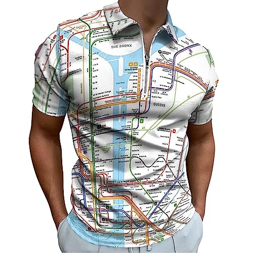 New York Subway Map Men's Zippered Polo Shirt Casual T-Shirts Short Sleeve Classic Fit Tee Polo Top