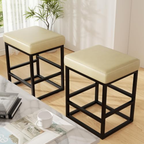 Image of Bar Stools Set of 2, 24in Counter Height Barstools, Counter Stools with Thick Square Seats & Sturdy Metal Base, Modern Faux Leather Bar Chairs for Kitchen Island (Beige)