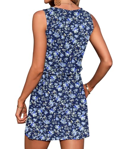 Image of AUSELILY Womens Summer Dress Casual Sleeveless Drawstring Short Dresses | Adjustable drawstring waist for a custom fit, plus 2 side pockets-perfect beach-to-street sundress