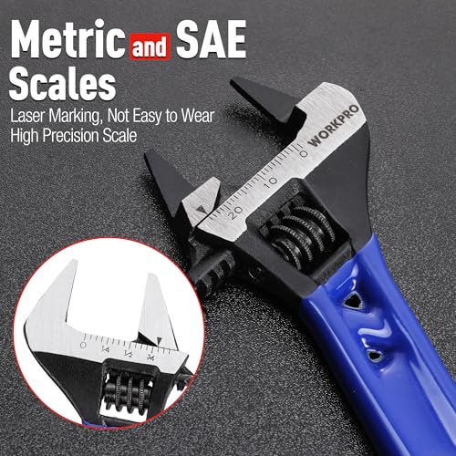 WORKPRO 4" Stubby Wide Opening Adjustable Wrench, Thin Jaws | 2mm Slim Jaws, Easy Access to Tight Spaces, Metric/SAE Scales, Cr-V Steel, Small Adjustable Wrench, Blue - image 6
