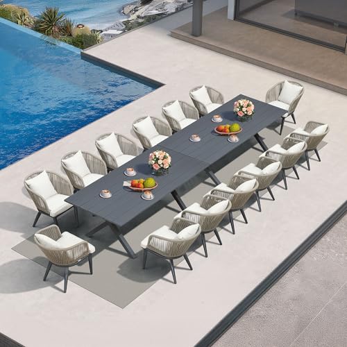 Image of PURPLE LEAF 16 Pieces Patio Dining Set Wicker Outdoor Furniture Rectangular Table and Chairs Set for Garden Deck Aluminum Frame Backyard Kitchen Set, Cushions and Pillows Included Taupe