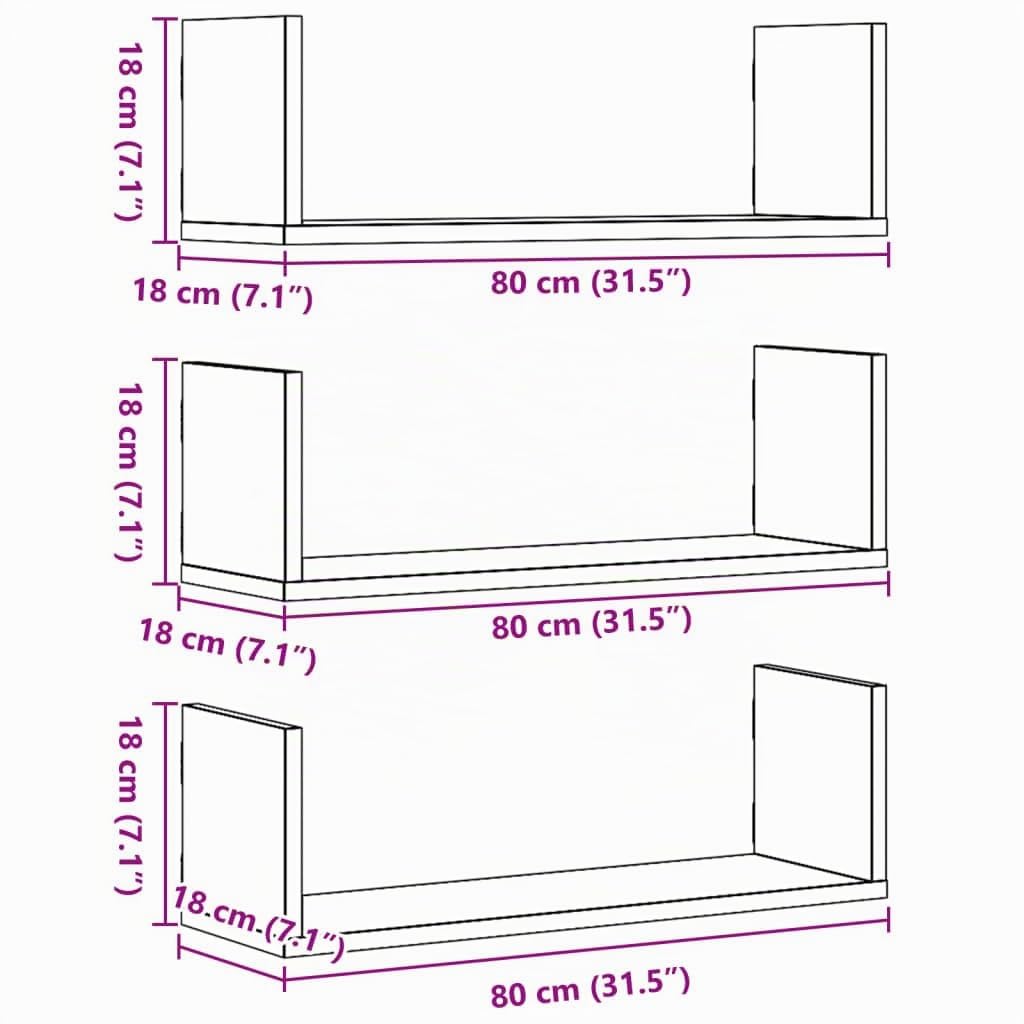 vidaXL Estantes Pared 3 uds Madera ingeniería Roble Sonoma 80x18x18 cm, Estante Flotante, Estante Flotante de Pared, Estante de exhibición de Pared
