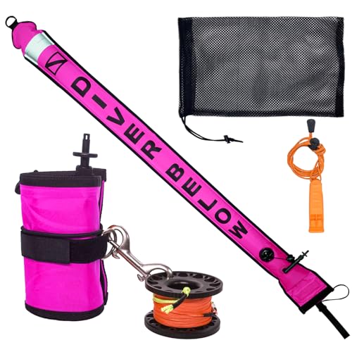 Surface Marker Buoy Scuba Diving SMB Marker Buoy Safety Sausage for Scuba Diving SMB 5ft DSMB Diver Below Signal Tube with Metal Finger Spool 98ft Dive Reel 316 Double End Hook Whistle Bag (Pink)