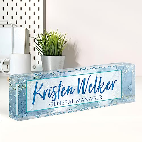 Image of Name Plate for Desk, Desk Name Plate Personalized, Office Decor for Women Men, Acrylic Desktop Accessories, Office Appreciation Gifts for Boss Social Workers Nurse Teacher Employee (Blue Marble)