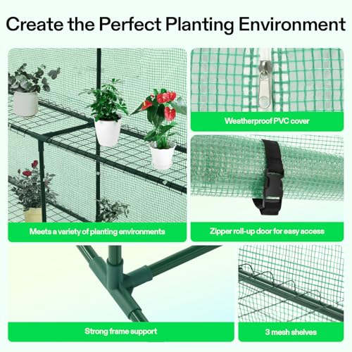 Image of VIVOSUN 57x57x77 Inch Mini Walk in Green House with Window and Anchor, Plant Garden Hot House 2 Tiers 8 Shelves, 4.7 x 4.7 x 6.4 FT