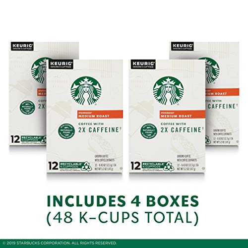 Image of Starbucks Medium Roast K-Cup Coffee Pods with 2X Caffeine, for Keurig Brewers, 4 boxes (48 pods total)
