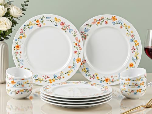 Image of Bodhi House Premium Porcelain Dinner Set 12 Pieces Serving for 6 | Floral Vine Design | Microwave & Dishwasher Safe | Crockery Set | Dinnerware Set for Home, Dining, Kitchen & Gifting