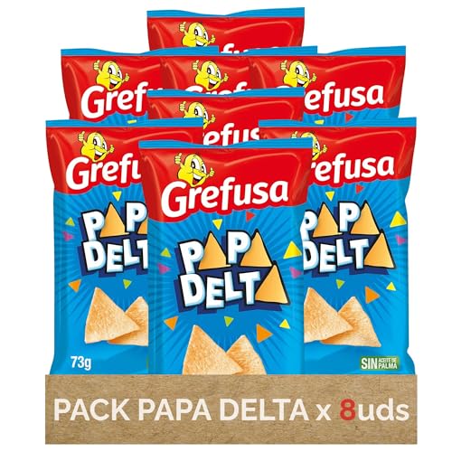 Pack PapaDelta Snack Sabor Jamón – Pack de 8 Bolsas Individuales de Patatas Triangulares – Aperitivo Crujiente – Ideal para Picar – Bolsa 73g x 8