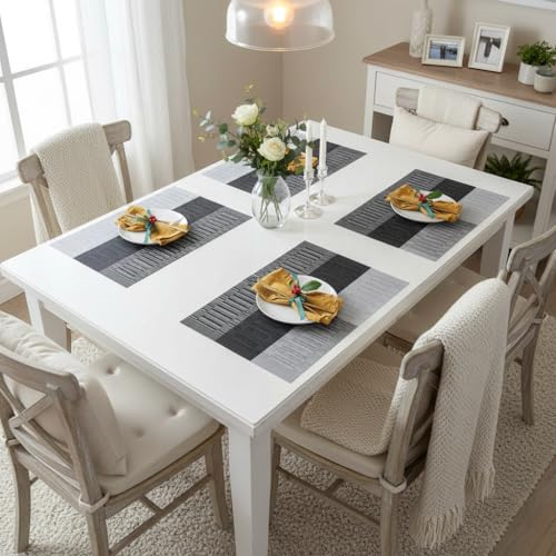 Image of YELONA Placemats for Dining Table - Heat Resistant & Washable PVC Vinyl Table Mats, Non-Slip, Stain Resistant Woven Kitchen Mats, Set of 4, 45cm x 30cm (Black & Light Grey)
