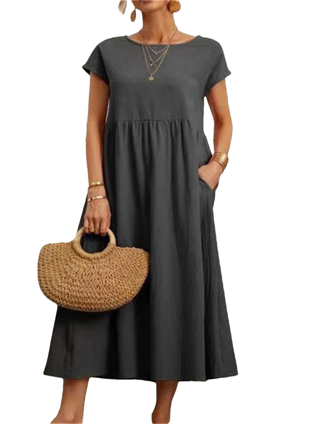 Elegancka sukienka damska, krótki rękaw, okrągły dekolt, vintage, Harajuku, bawełna, len, luźne kieszenie, długa sukienka