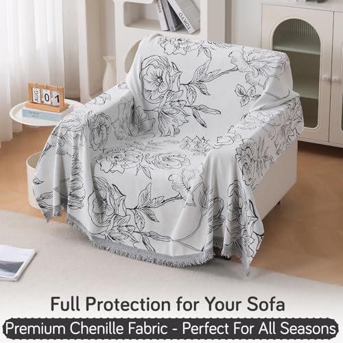 Image of HOKIPO Printed 320 GSM Chenille Sofa Cover Throw Blanket for 1 Seater Sofa - All Season, 'Serene Abode Series' White Rose Garden (180x180 cm) (AR-6631-D1)