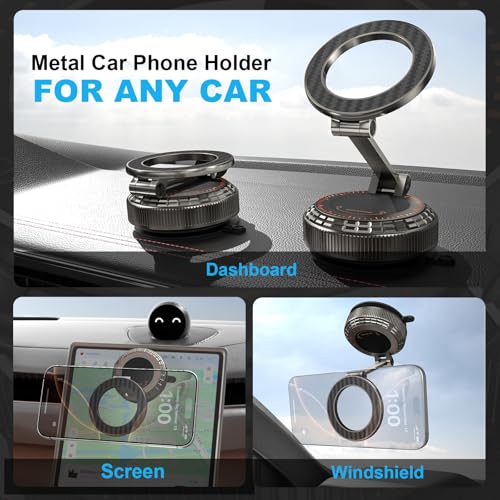 Image of Metal Magnetic Car Phone Holder, 360 Adjustable Magsafe Car Phone Mount, Vacuum Suction Cup Phone Holders for Your Car for iPhone 17-12 Pro Max Air Plus & Android (Carbon Fiber)