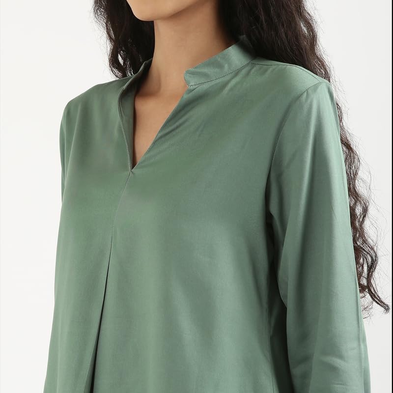 Image of SAADAA Top for Women, Viscose Pleated Tops, V-Neck with a Collar, 3 /4 Sleeve Length, Office & Casual Wear