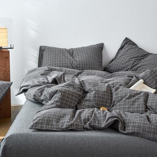 Image of EAVD Vintage Style Grey Plaid Gingham Duvet Cover Twin 100% Washed Cotton Like Linen Feel Soft Grid Plaid Bedding Set with 2 Pillowcases Farmhouse Grid Geometric Pattern Duvet Cover with Zipper