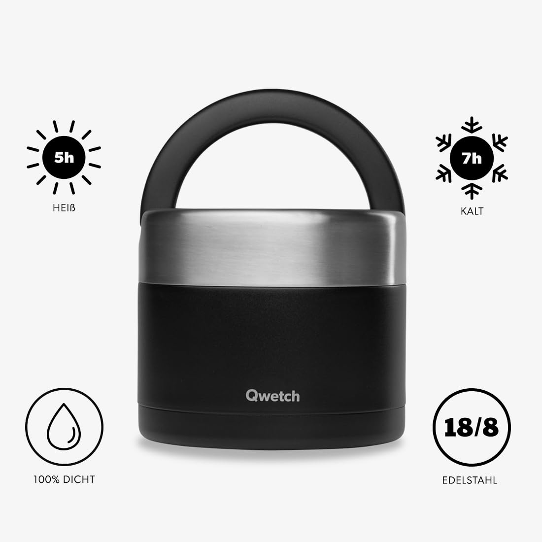 QWETCH - Thermobehälter für Essen mit Griff - 850 ml Schwarz - Lunchbox Edelstahl Isotherm - 5h Heiß & 7h Kalt - Auslaufsicher & BPA-frei