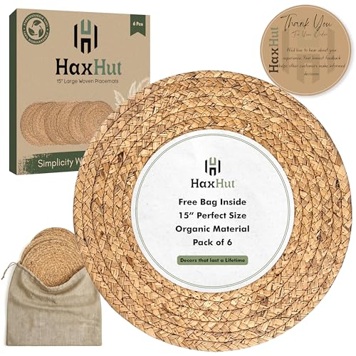 Image of Round Woven Placemats Set of 6, Wicker Placemats for Dinner Plates | 15 Inch Natural Rattan Boho Style Braided Place Mats, Non-Slip, Heat Resistant, Dining Table Chargers with Bag for Storage