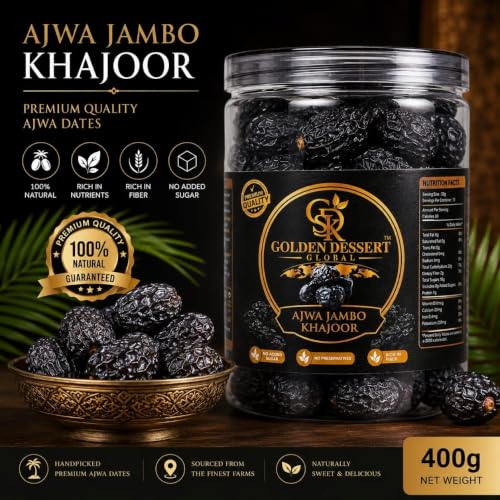 Image of Golden Dessert Global Premium Ajwa Jumbo Dates & Mabroom Premium Dates Combo Pack | Natural Seeded Khajoor | No Added Sugar | Rich in Fiber, Vitamins & Minerals | Healthy Dry Fruit Snack | Premium Quality