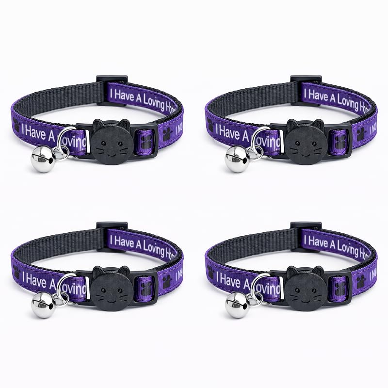 Worded Cat Collars β Please Do Not Feed Me, I Am Microchipped | Safe Quick Release Breakaway Buckle | Zacal Cat Collars (Pack of 4, Purple, I Have A Loving Home)