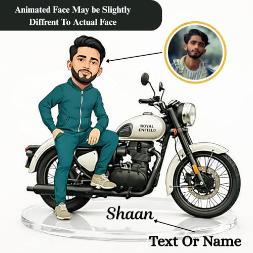 Image of WEHATKE WEHATKEWEHATKE Personalized Royal Enfield Bike Caricature Standee | Custom 2D Acrylic Photo Cartoon Gift for Bikers, Husband, Boyfriend | Birthday and Anniversary Desk Decor