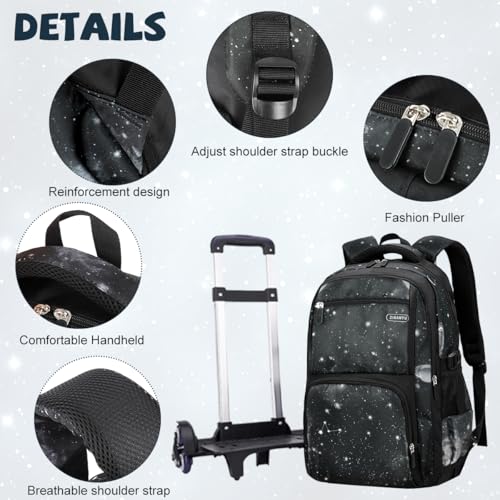 Image of PALAY Trolley School Bag Black Starry Sky 6-Wheel Backpack with Detachable Trolley Outdoor Large Capacity Nylon Trolly Backpack Multi-Compartments Waterproof School Bag with Wheels