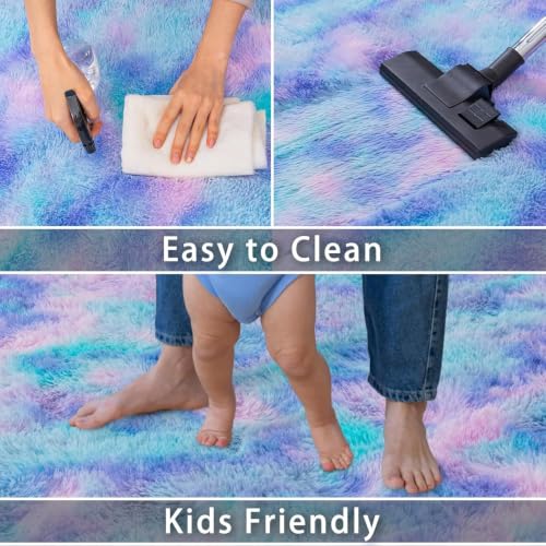 Image of Dssimo Cute Furry Purple Rainbow Rugs for Bedroom Girls Room Decor