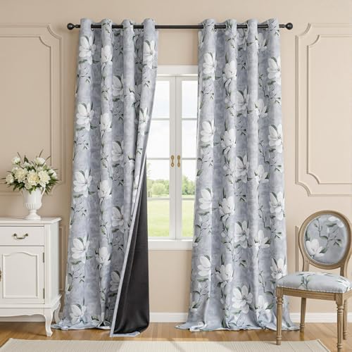 Image of MYSKY HOME Floral 95% Blackout Ceiling Curtains 96 Inches Long 2 Panels Set - Thermal Insulated Black Out Flower Pattern Printed Drapes Grommet Top for Living Room Bedroom, 52 inchW Each Panel, Light Grey