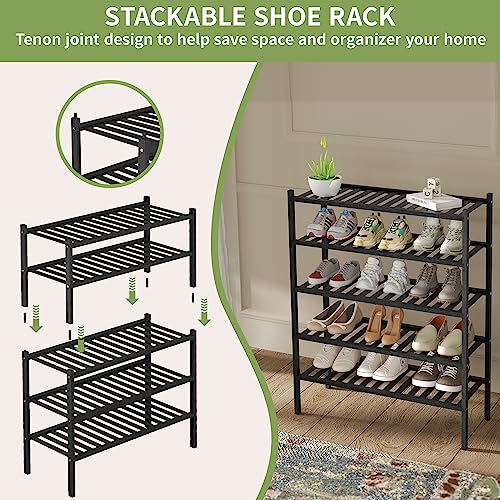 3 Tier Bamboo Shoe Rack for Closet Free Standing Wood Shoe Shelf Storage Organizer for Entryway Small Space Stackable 27"x11"x20" (Black)