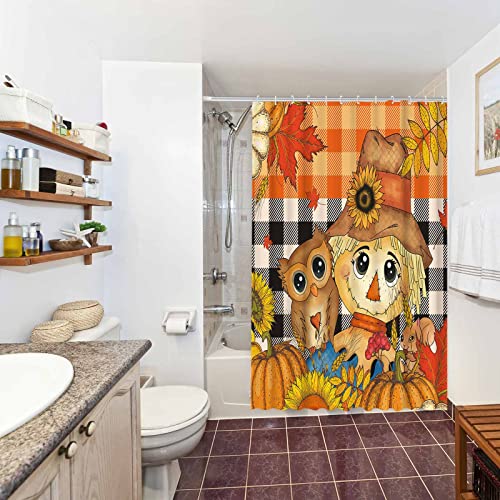 Allenjoy 72" X 72" Autumn Pumpkins Shower Curtain Fall Leaves Cute Owl Scarecrow Thanksgiving Day Home Bathtubs Bathroom Curtains Decoration Set Washable Durable Polyester Fabric With 12 Hooks #TOP4