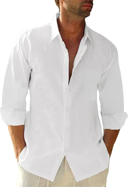 JEKAOYI Button Down Linen Shirts for Men Casual Long Sleeve Regular Fit Cotton Beach Shirts with Pocket