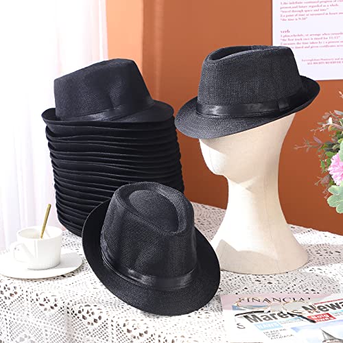 Image of Lasnten 16 Pcs Fedora Style Hat Bulk Men 1920s Gangster Short Brim Panama Cap Women Party Costume, Circumference 60 cm(Black)