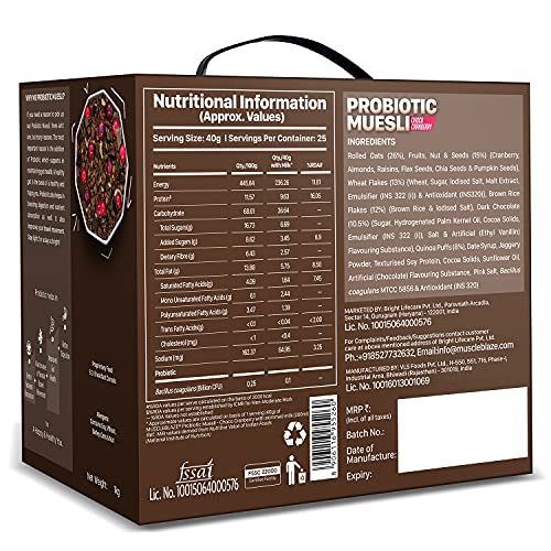 Image of MuscleBlaze Probiotic Muesli, Breakfast Cereals For Good Gut Health, Choco Cranberry, Multigrain Flakes, Antioxidant-Rich, 1 kg