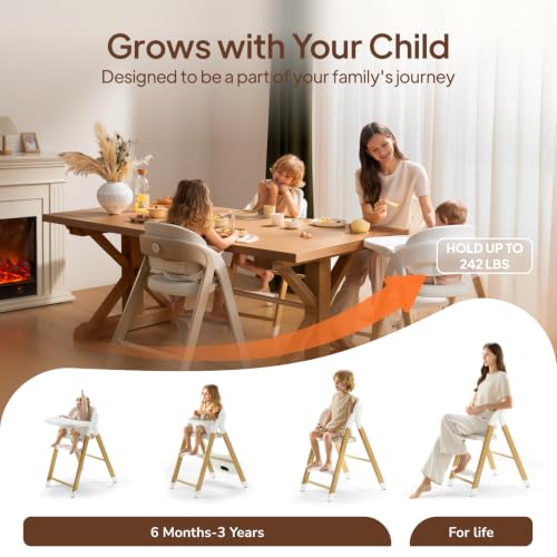 Image of Tinyiota High Chair for Babies and Toddlers, 8-Level Adjustable Foldable Convertible Baby Highchair with Removable Tray, Ergonomic Feeding Chair Transitions from Infant to Adult, Wood-Look Metal