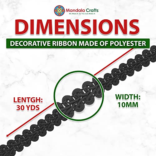 Mandala Crafts Black Gimp Braid Trim Roll - 3/8 In 30 Yds Flat Fabric French Braided Trim Ribbon - Black Trim By The Yard For Sewing Upholstery Curtain #TOP2