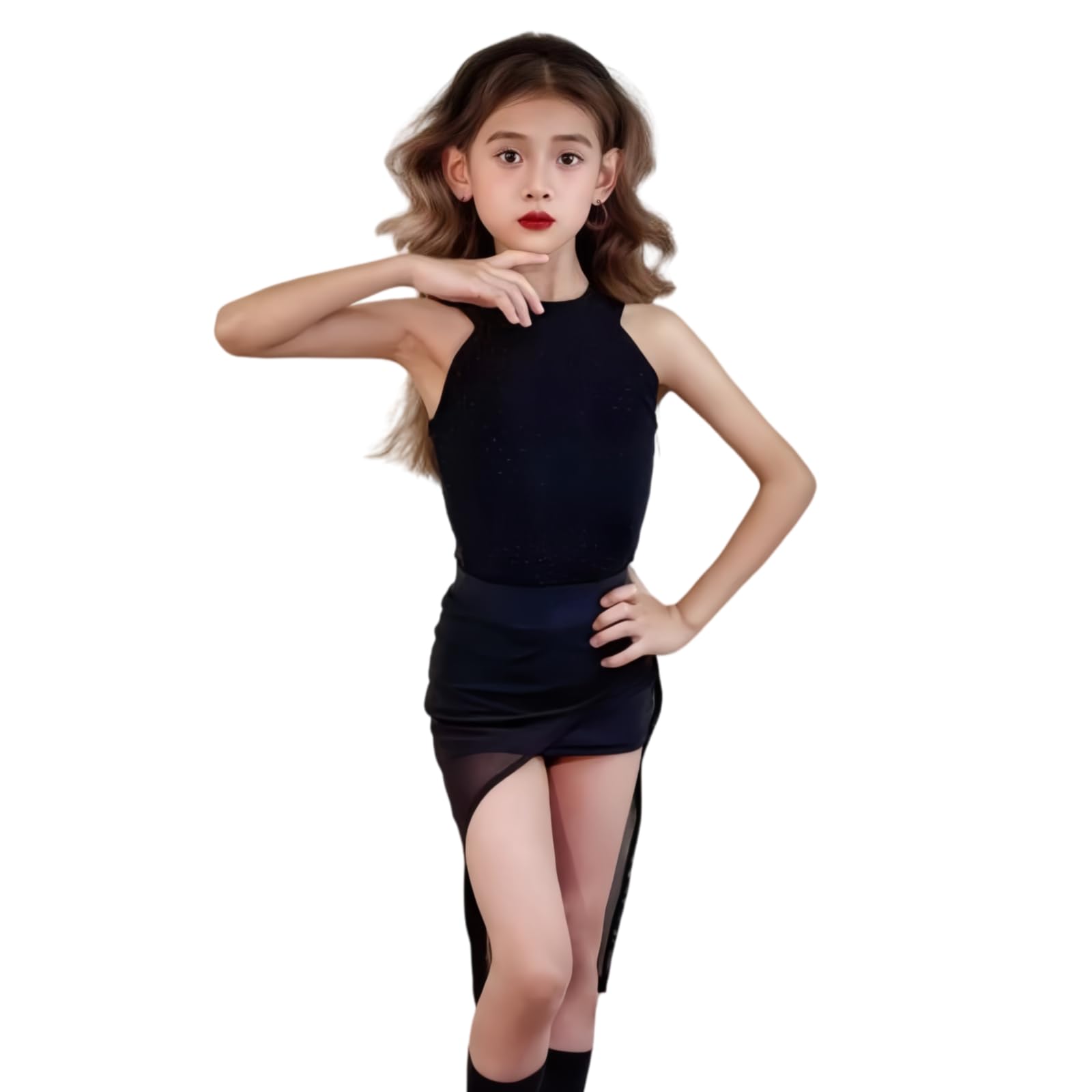 Completo Danza Latina Due Pezzi per Ragazze, Abbigliamento Ballo per Bambini | Top Da Danza Senza Maniche Scollo Rotondo Gonna Asimmetrica Per Salsa Cha Cha Rumba Tango Competizioni Allenamento