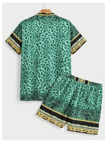 Men's 2 Piece Vacation Outfit Leopard Short Sleeve Shirts Cheetah Button Down Shirt and Shorts Set Summer Beach Set2