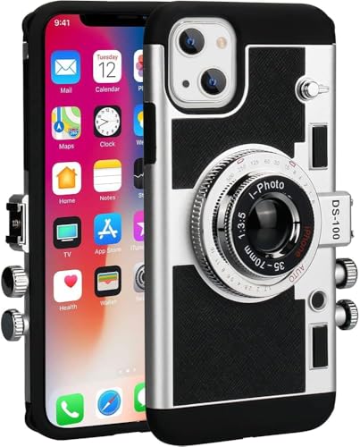 Image of Nova Treasure Compatible with iPhone 14 Vintage Camera Silicone Back Cover Case with Adjustable Crossbody Lanyard Strap for Girls & Women | Protective Phone Cover | Free Tempered Glass | Black
