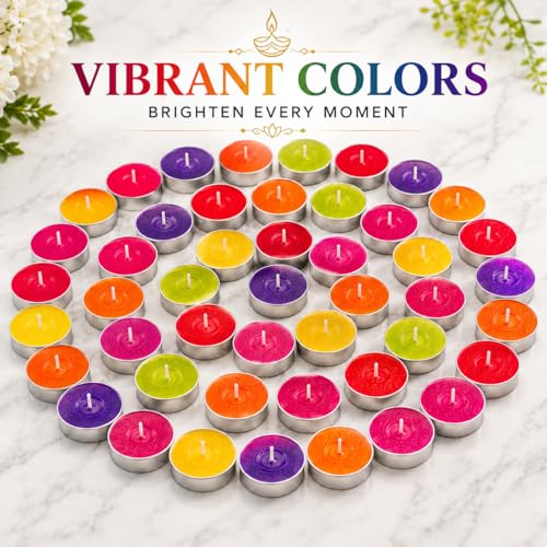 Image of Bindian Candle Tealight Candles, 100% Paraffin Wax Candles for Decoration, Smokeless Tea light Candle 50 pcs for Home Decor, Diwali Decoration, Wax Candles 1-1.5 Hour Burn Time (Pack of 50 Multicolor)
