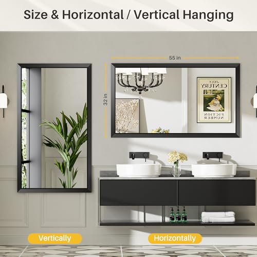 55x32 Inch Black Bathroom Mirror for Wall, Thick Metal Framed Rectangle Mirrors for Over Sink, Bedroom, Living Room, Entryway, Anti-Rust, HD Tempered Glass