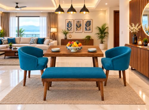 Image of DaneWood Premium Dining Table Set of 4 | Sheesham Wood Dining Table Set 4 Seater | Four Seater Dinning Table with 2 Upholstered Chairs & 1 Bench | Dinner Table Restaurants | Honey Finish & Blue