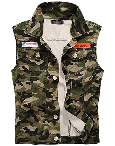 Image of ebossy Men's Ripped Distressed Denim Vest Sleeveless Button Up Jean Vest Jacket (Large, Camouflage)