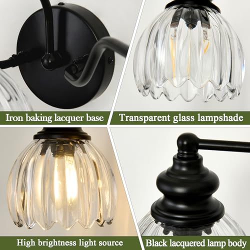 Image of Piepooye Modern Bathroom Light Fixtures 3 Lights Black Vanity Light with Glass LampShade E26 Bulb Indoor Vanity Light Over Mirror for Bedroom Farmhouse Kitchen