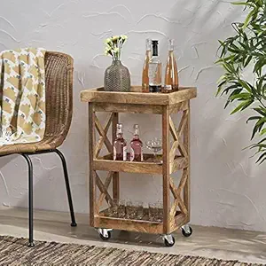 TANWAR HANDICRAFT Solid Wood Serving Trolley | Sheesham Wooden 2 Shelves Kitchen Kart | Solid Wood Bar Trolley/Serving Trolley/Wooden Service Trolley