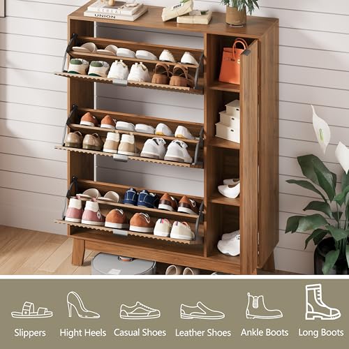 Image of Shoe Cabinet Storage for Entryway with 3 Flip Drawers & Side Cabinet, Fluted Narrow Shoe Organizer with Wooden Leg, Freestanding Shoe Storage Hidden Shoe Rack Organizer for Front Door Entrance, Walnut