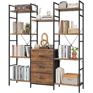Triple Bookshelf with 3 Fabric Drawers, 4-Tier Book Shelf and 10 Display Shelves, Industrial Large Bookcase for Home & Office, Rustic Brown, 47” Wide