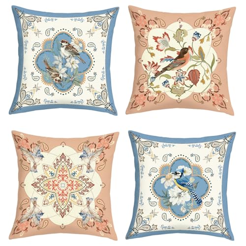 Joymaison 18x18 Set of 4 Vintage Flower Birds Throw Pillow Cushion Covers