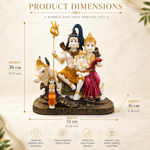 Image of ARMONIA Premium 14 Inch Shiva Parvati Ganesh Idol Shiv Parivar Murti Statue | Polystone Mahadev with Golden Detailing | Best for Pooja, Mandir, Wedding & Housewarming Gift (Including Cleaning Cloth)