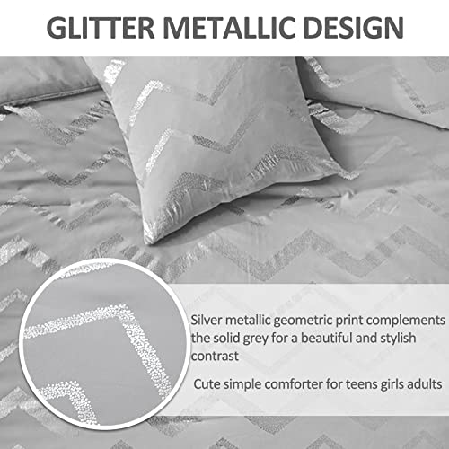 Grey And Silver Comforter Set Queen Size, Metallic Print Geometric Bedding Set, 4 Pieces Lightweight Microfiber Comforter For Teen Kids Boys Men (2 Pillow Shams + 1 Decorative Pillow Shams) #TOP4