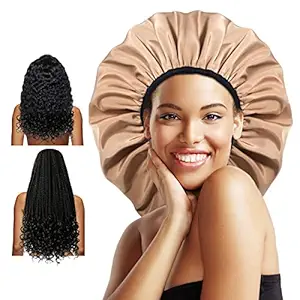 Auban Extra Large Shower Cap for Braids, Double-Layer Waterproof Reusable Satin Lining XL Shower Cap for Women Long Hair, Locs, perms (khaki)